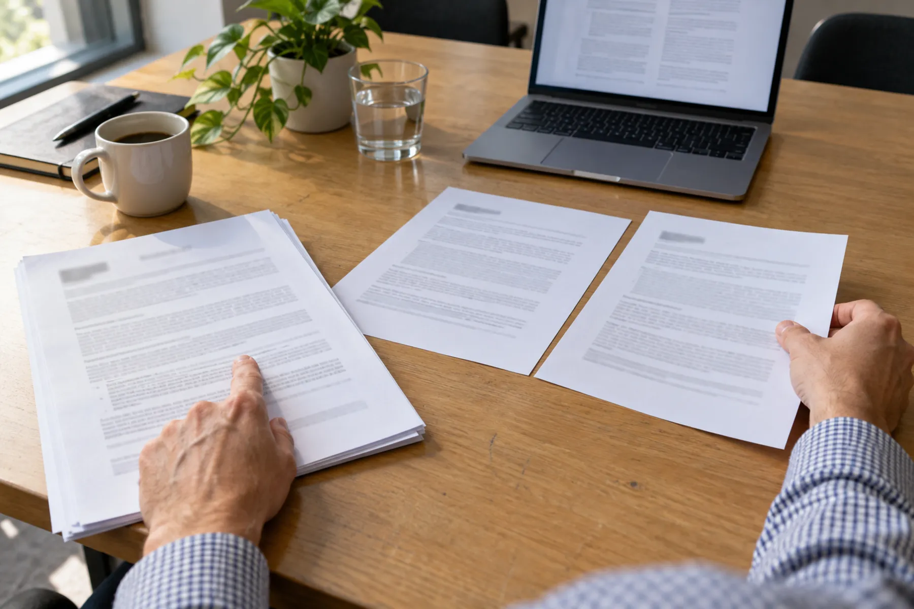A reviewer’s hands compare two printed AI summaries against a source document beside an open laptop.