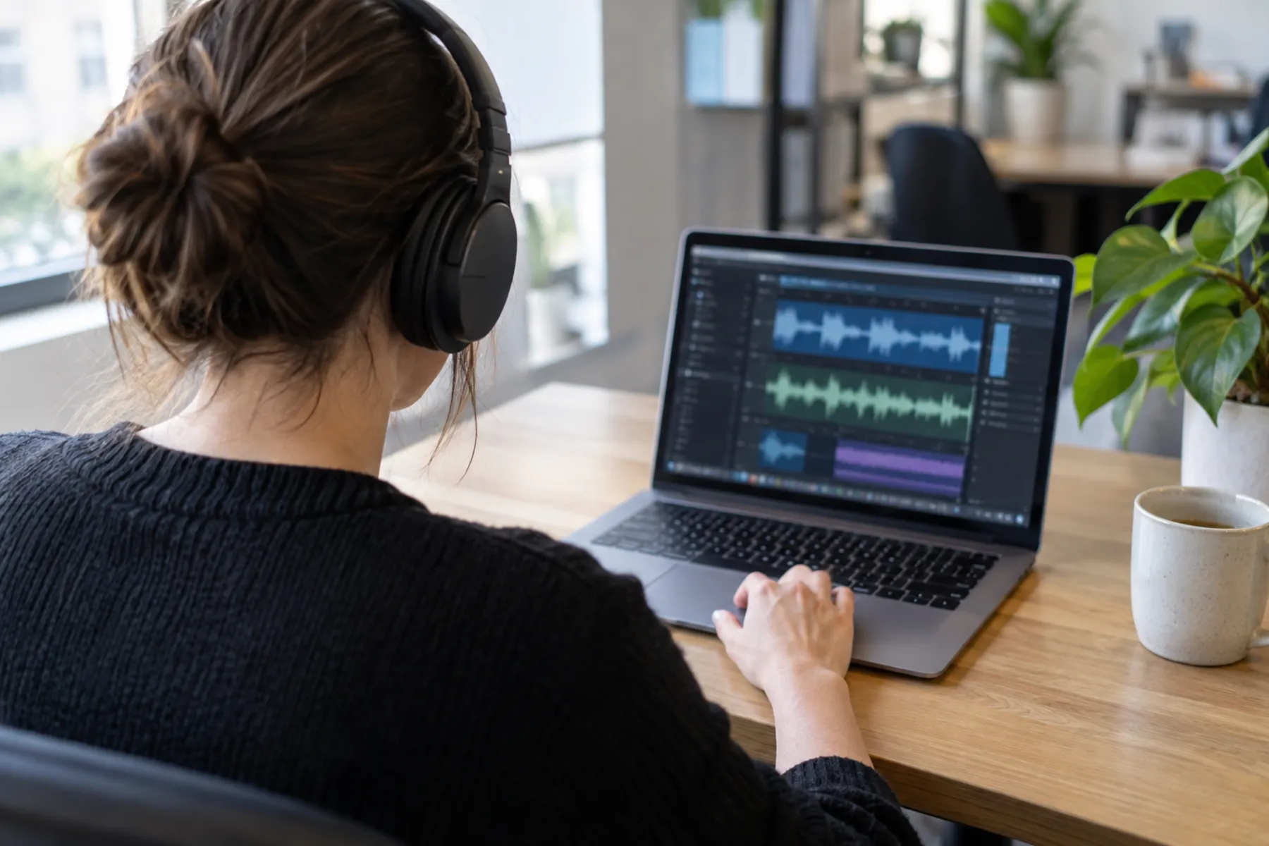 A worker seen from behind listens to headphones while reviewing speech waveforms on a laptop.