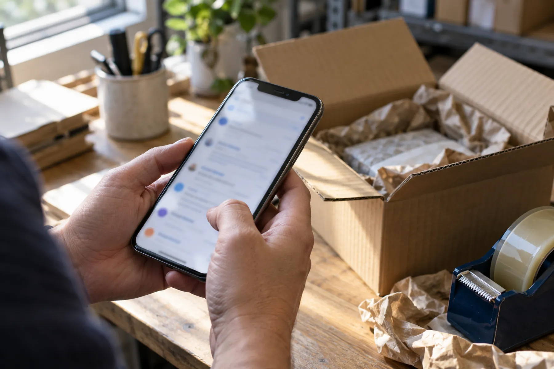 Close view of hands checking an email on a smartphone beside an open parcel on a packing bench.