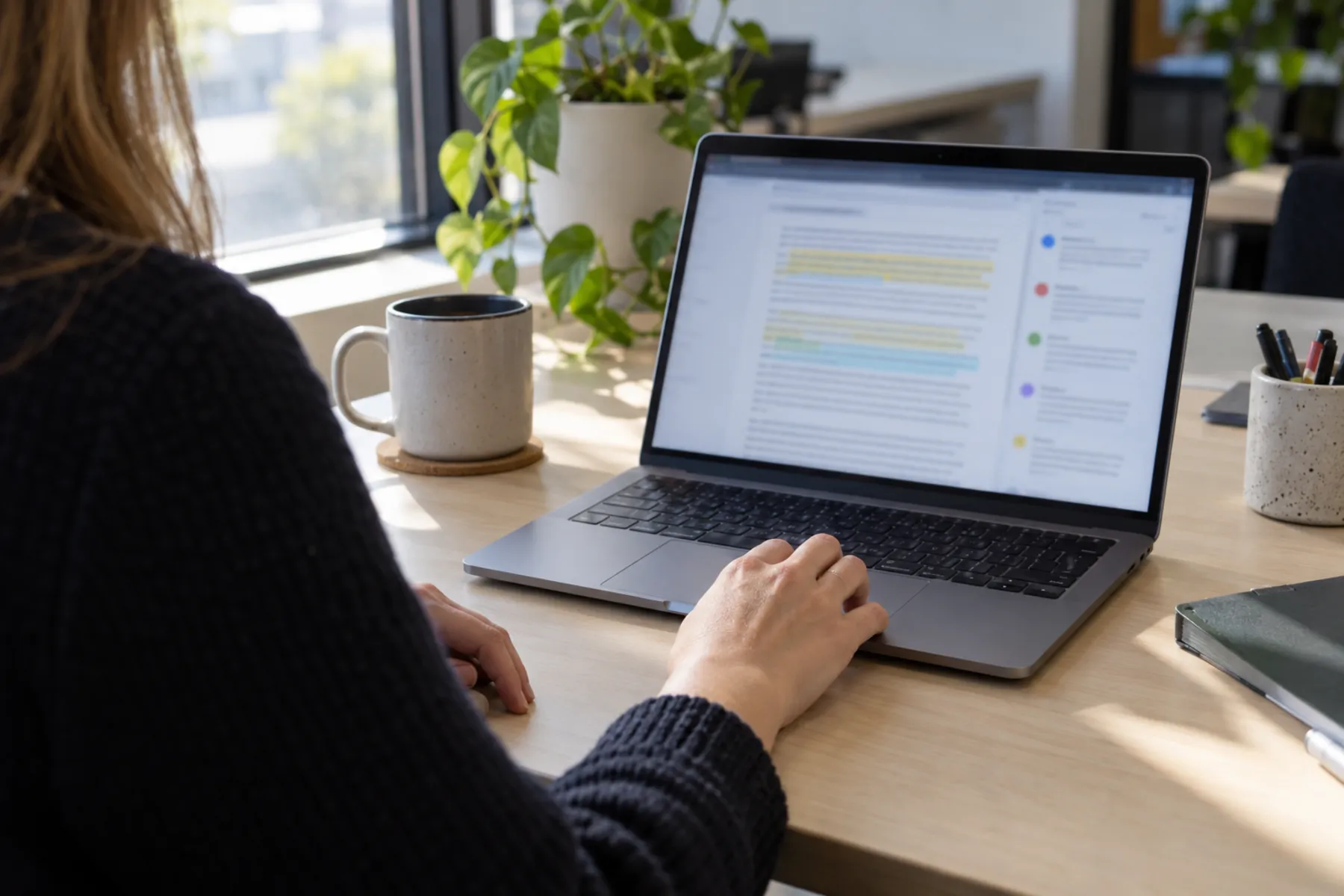An anonymous office worker reviews highlighted document changes and comments on a softly blurred laptop screen, with one hand on the trackpad.