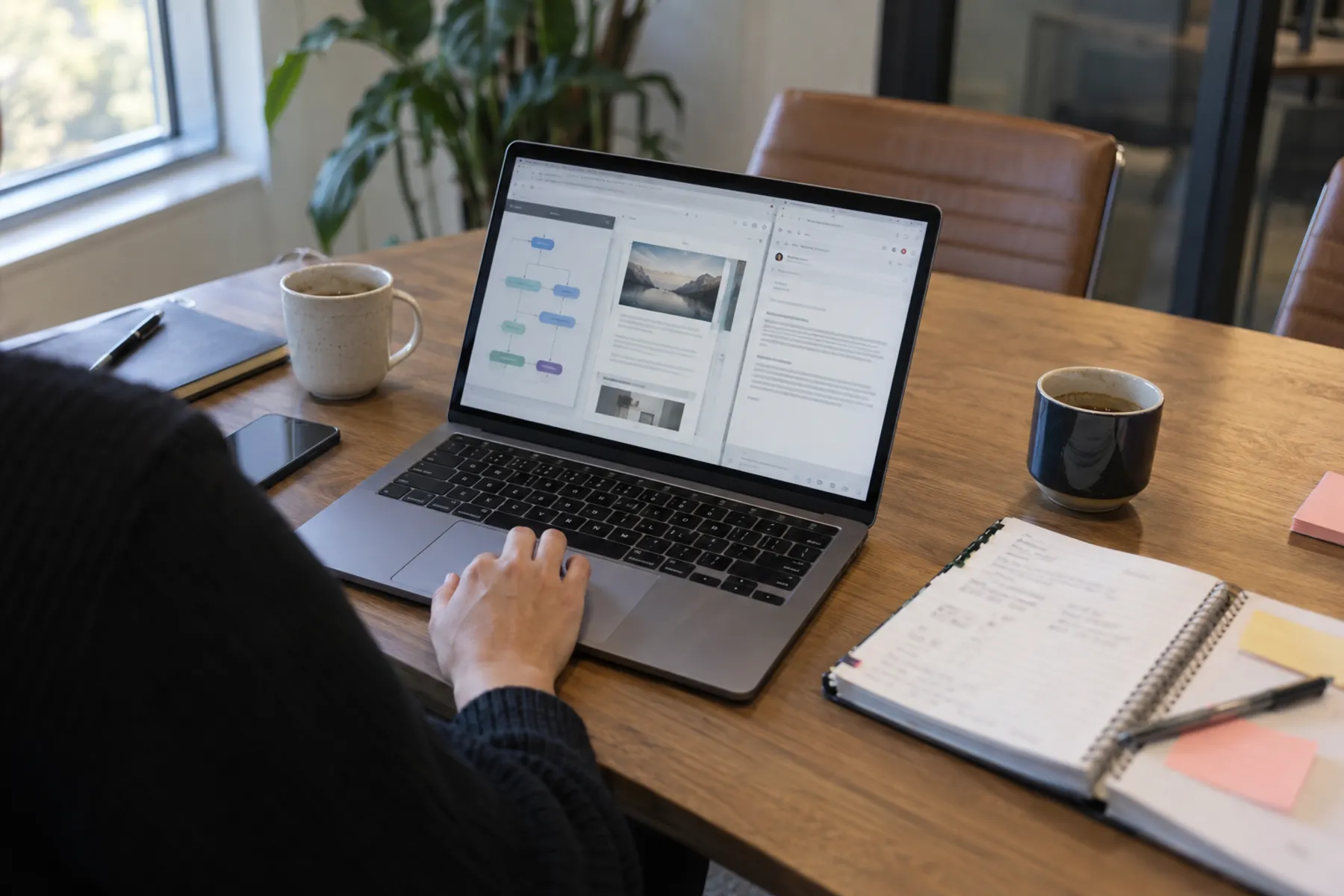 A worker reviews a workflow and prepared email draft on a laptop in a small meeting room.