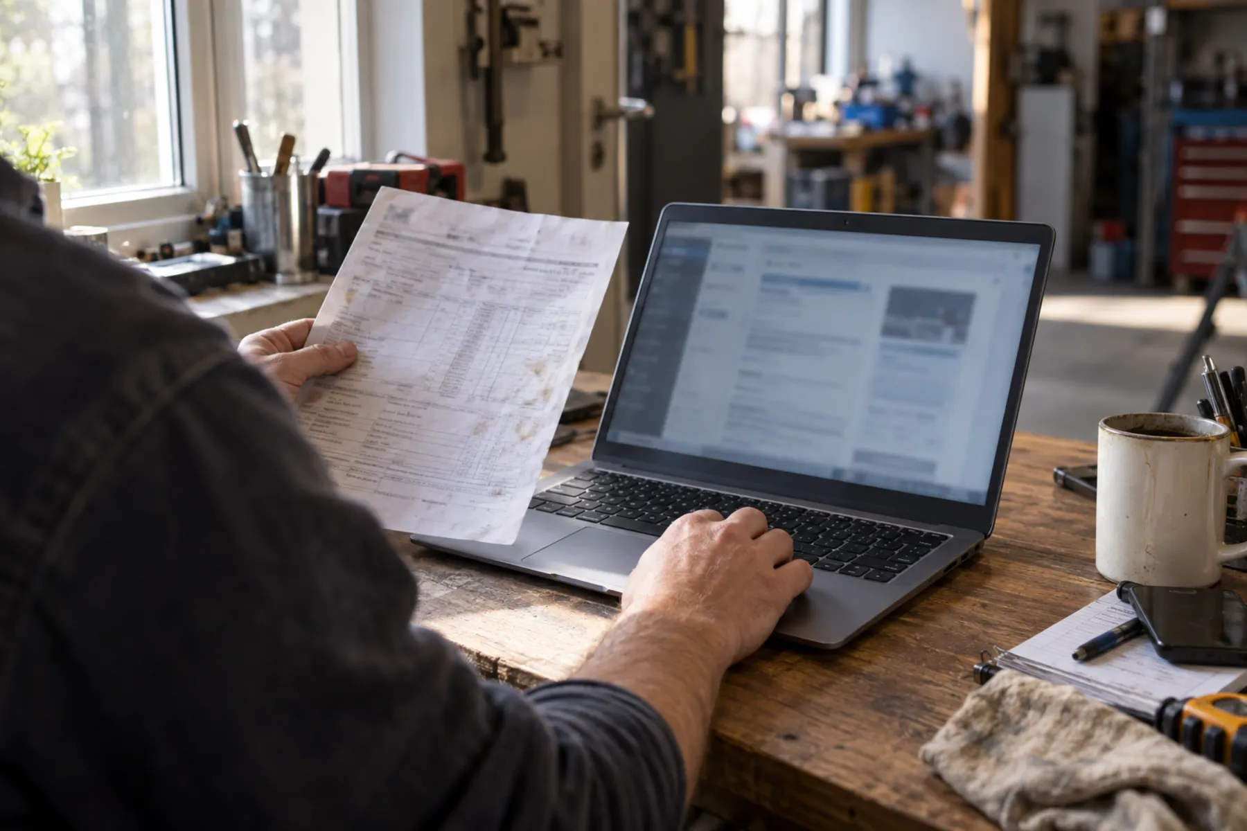 An anonymous worker checks a paper job sheet against a laptop screen at a desk beside a workshop.