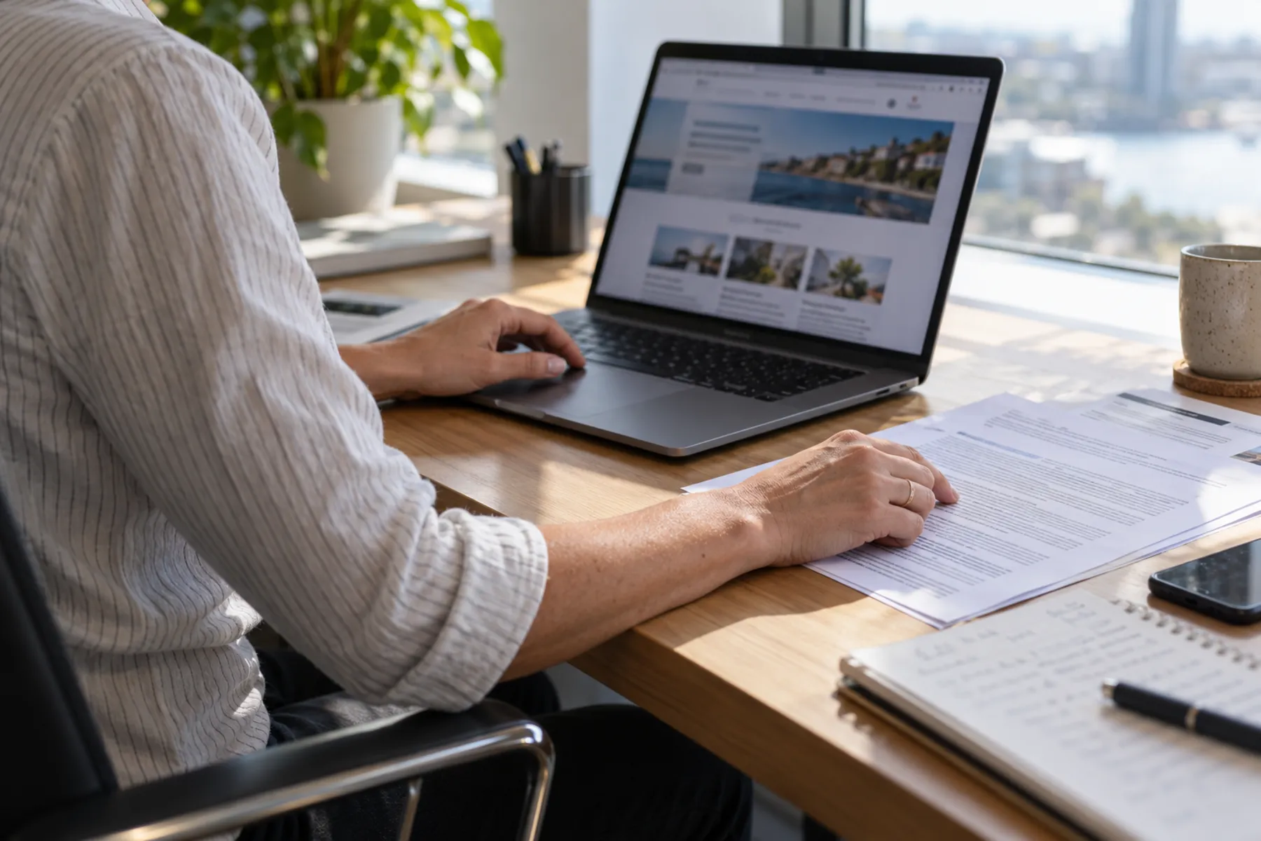 An anonymous small-business owner compares a website on a laptop with printed terms at a daylight-lit office desk.