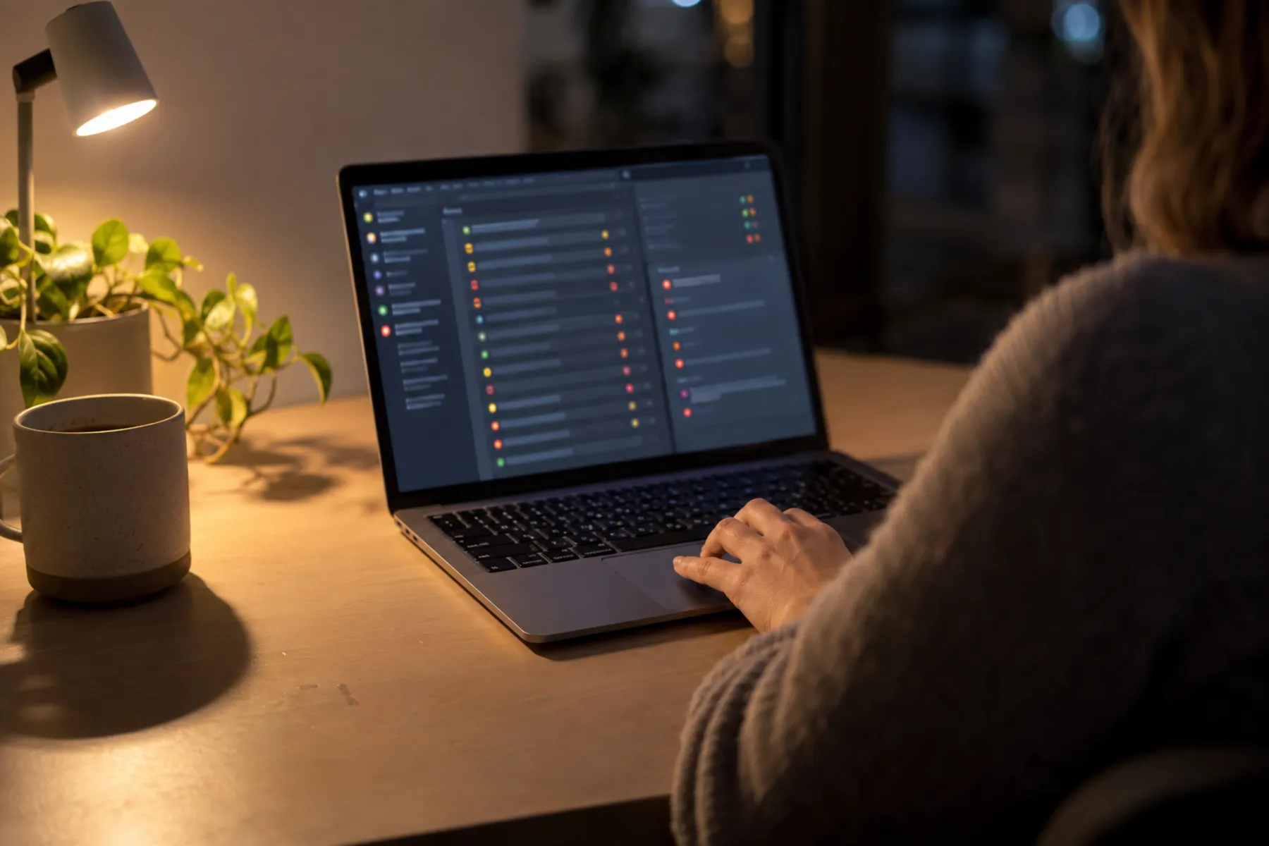 An anonymous worker reviews a security case on a laptop in a small office after hours.