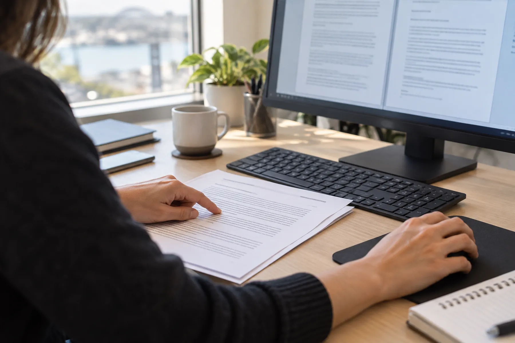 A staff member compares two onscreen document outputs with a printed reference at an office desk, with their face outside the frame.